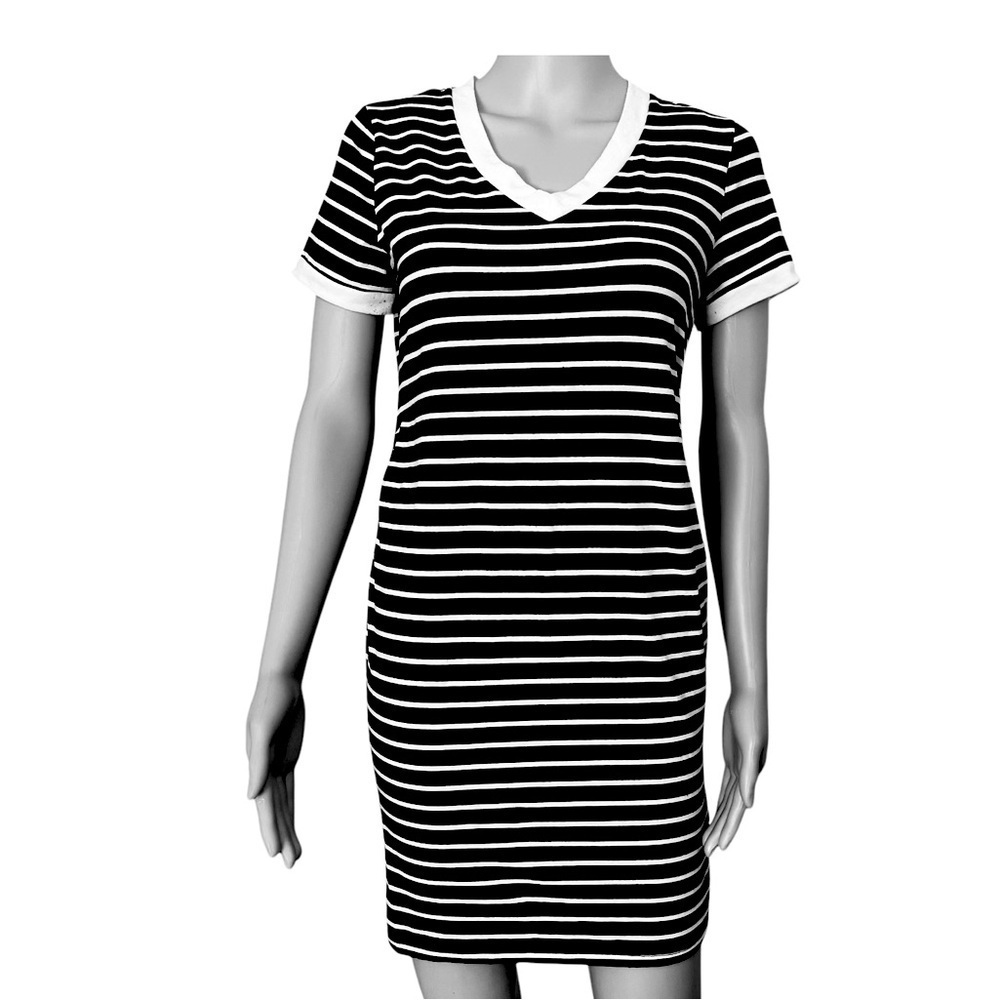 SHEIN cardigan retro fitted black white striped mini dress V-neck short sleeve S